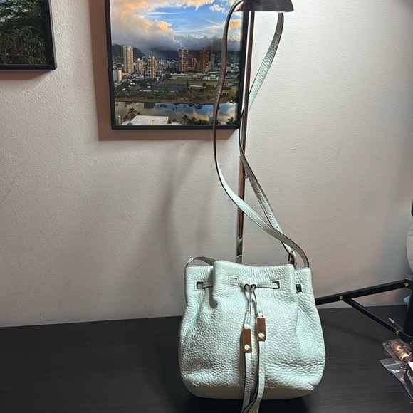 Kate Spade Copper Drawstring Bucket Bag Small Crossbody Strap Lined Light Blue - Picture 3 of 11
